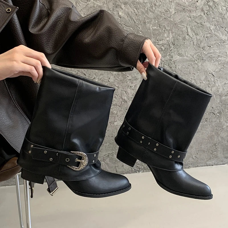 Women's Western Buckle Ankle Boots with Block Heels