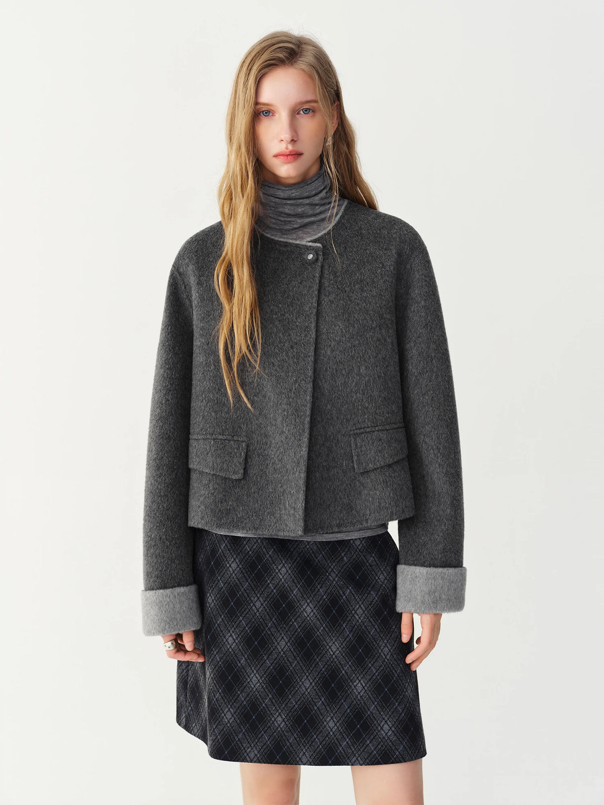 Women's 100% Wool Double-Faced Short Coat – Round Neck, Fringe Scarf, Wide Waist