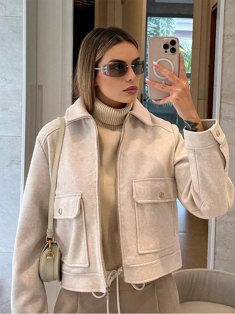 Women's Zipper Jacket Coat Winter Long Sleeve Pocket Outerwear Coat Short Street Elegant