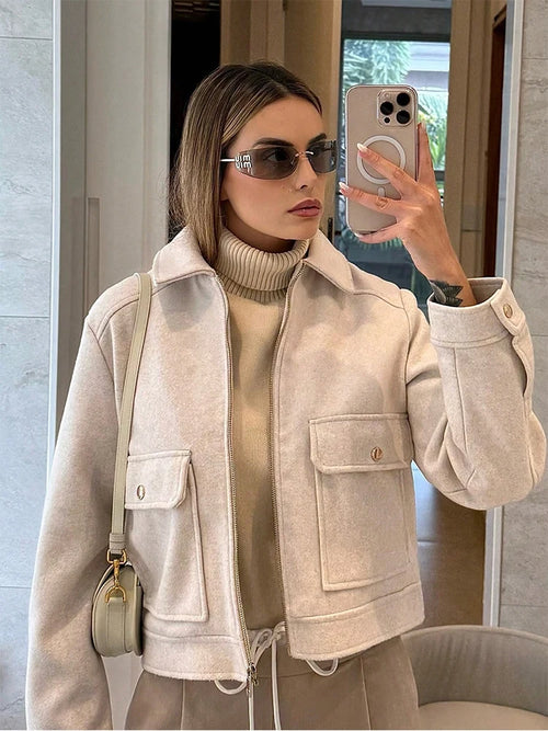 Women's Zipper Jacket Coat Winter Long Sleeve Pocket Outerwear Coat Short Street Elegant