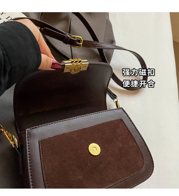 Retro Faux Suede Brown Crossbody Bags Women Flap Small Square Casual Bag