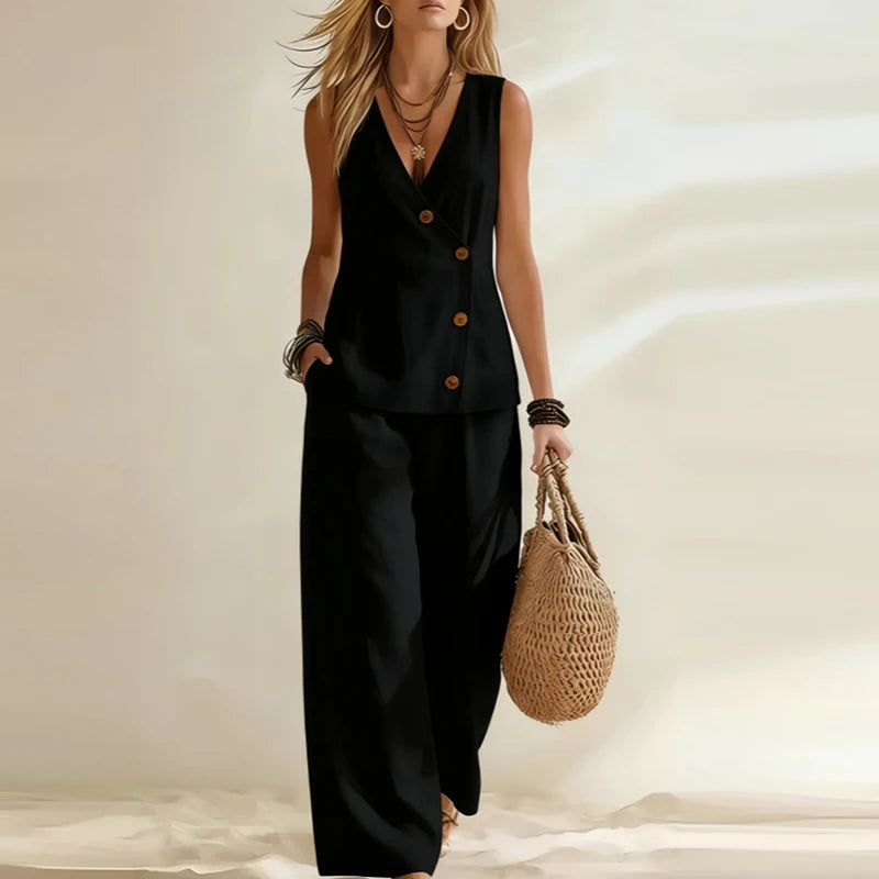 2026 Women's Casual Pants Suits Outfits Two-Piece Wide Leg Pants Vest Tops Summer Elegant Office