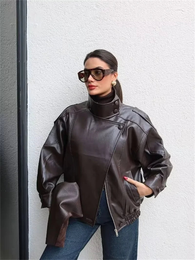 Women's Jacket Pebble Faux Leather Full-Sleeve Moto-Style Zipper Casual Coat
