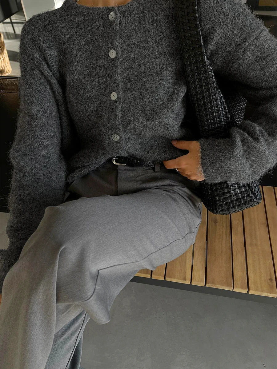 Women's Cardigan Slim-Fit Single-Breasted O-Neck Button Wool-Cotton-Acrylic Blend Full-Sleeve Autumn Winter Sweater