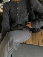 Women's Cardigan Slim-Fit Single-Breasted O-Neck Button Wool-Cotton-Acrylic Blend Full-Sleeve Autumn Winter Sweater
