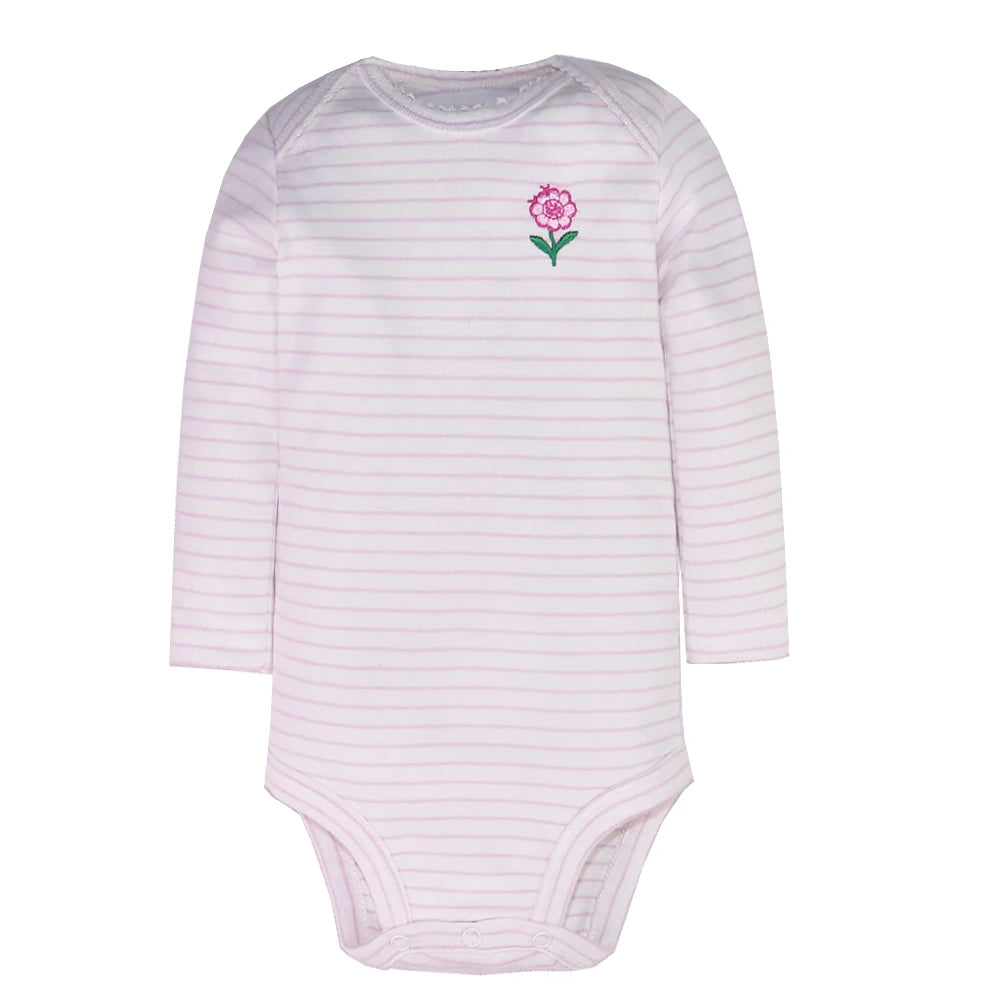 Light pink striped long sleeve bodysuit with embroidered flower and three crotch snap buttons
