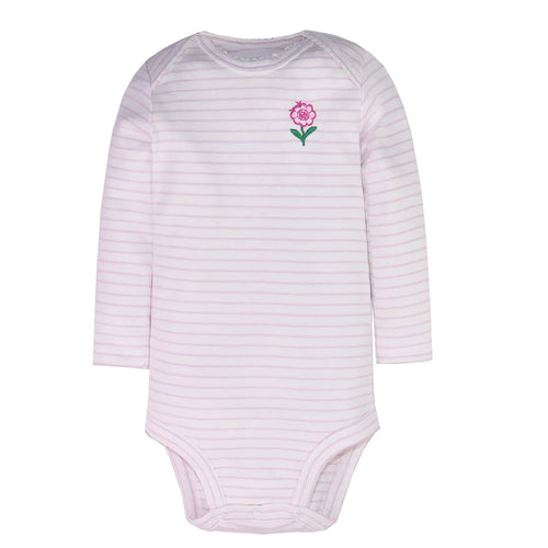 Light pink striped long sleeve bodysuit with embroidered flower and three crotch snap buttons