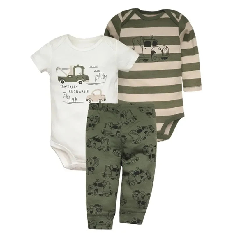 White tow truck bodysuit, olive green striped crane top, and olive green construction vehicle patterned pants