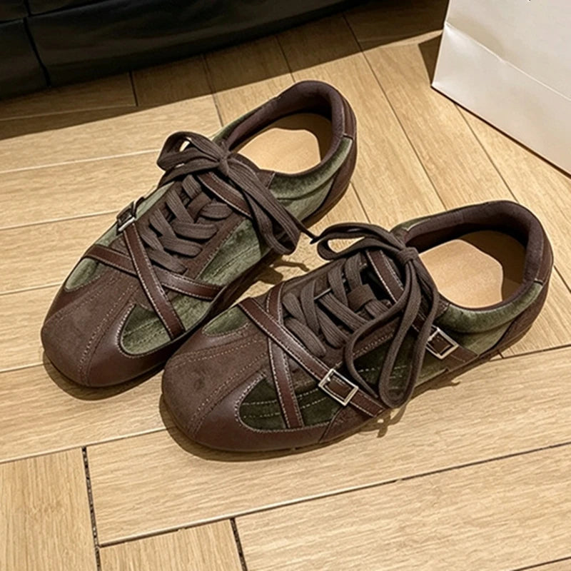 Women Retro Cross Buckle Sneakers - Cow Suede Casual Walking Shoes
