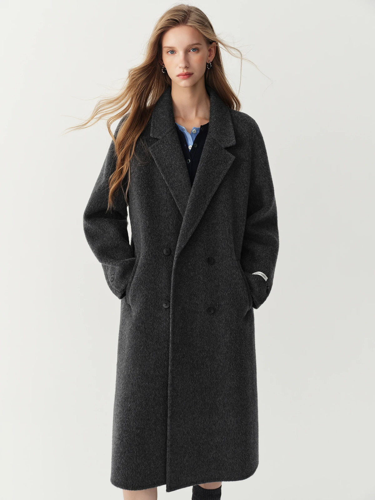 Women's 100% Wool Double-Breasted Overcoat – Turn-Down Lapel, Mid-Long, Wide Waist