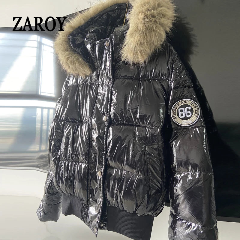 Women's Glossy Hooded Puffer Jacket with Faux Fur Trim