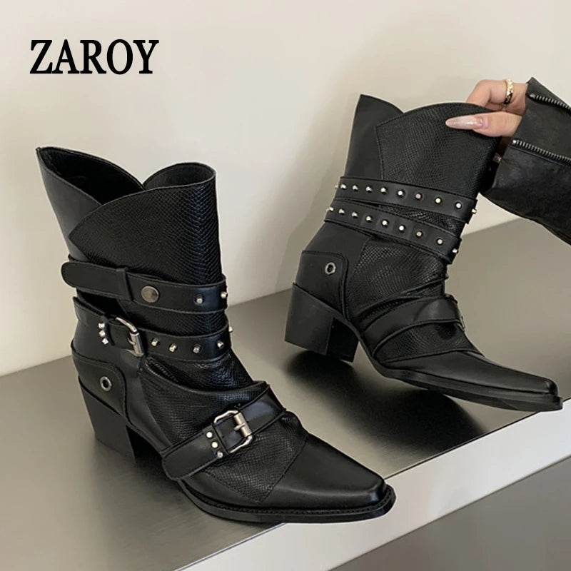 Women's Black Buckle Ankle Boots with Block Heels