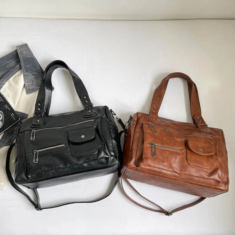 Women's Vintage PU Leather Tote Bag - Top Handle, Large Capacity, Crossbody