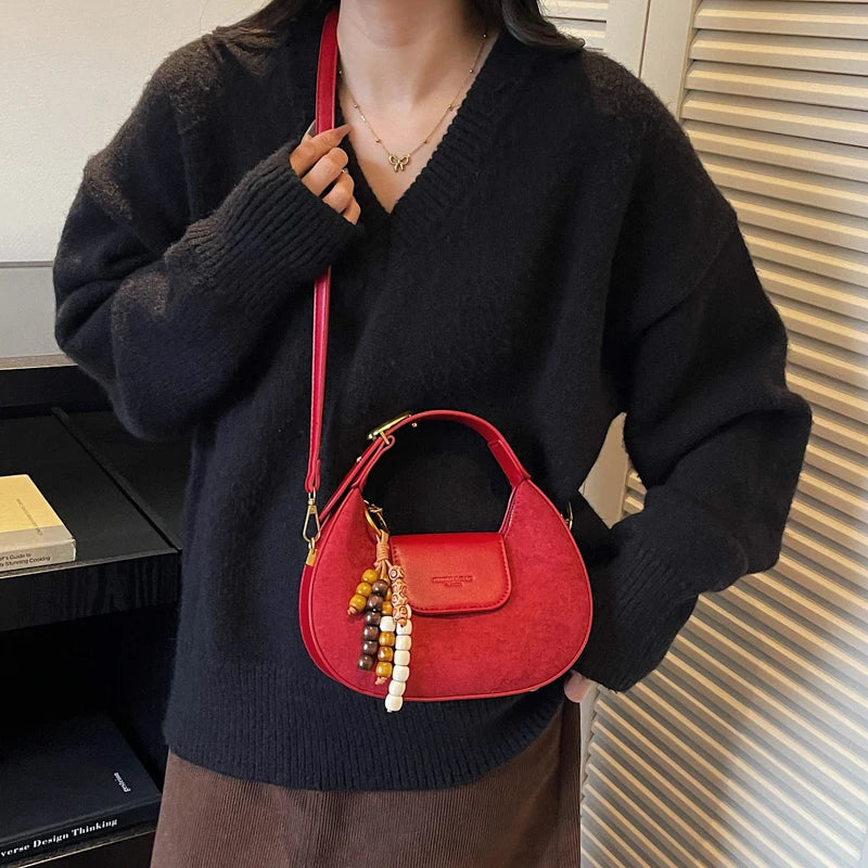 Women's Retro PU Leather Small Saddle Bag – Crossbody Shoulder Handbag with Pendant