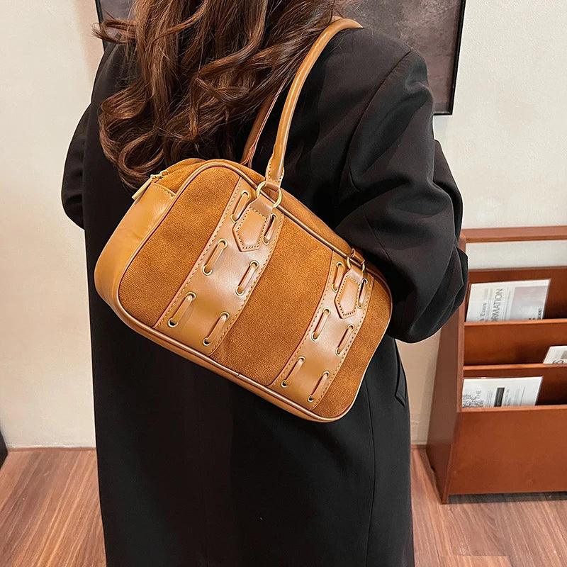 Medium Shoulder Bags Nubuck Leather Stiches Style Women Zipper Double Handles