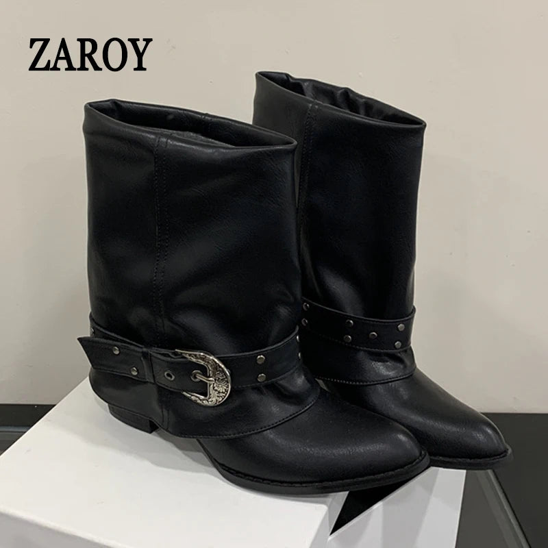 Women's Western Buckle Ankle Boots with Block Heels