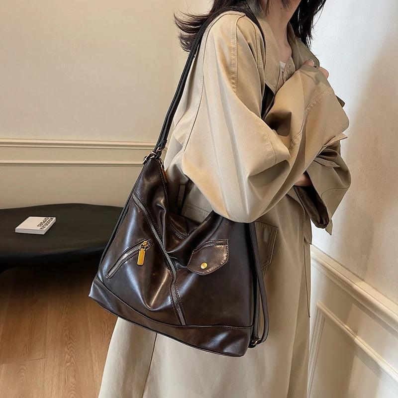 Large Leather Shoulder Bags Irregular Zip Outer Pockets Women Soft Handbags