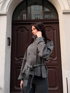 Women's Jacket Solid Lace-Up Double-Breasted Turn-Down Collar Full-Sleeve High-Waist Short Streetwear Coat