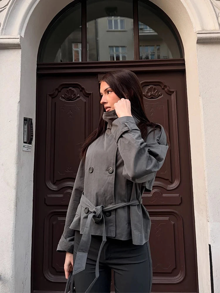 Women's Jacket Solid Lace-Up Double-Breasted Turn-Down Collar Full-Sleeve High-Waist Short Streetwear Coat