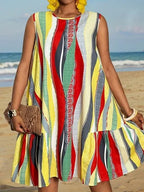 Plus-Size Ruffle Mini Dress – Colorblock Stripe Sleeveless Beach Dress