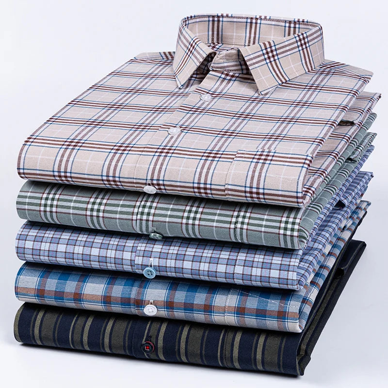 Plus Size 14XL 100%Cotton Long-Sleeve Shirts for Men Slim Fit Formal Plain Shirt Soft Plaid Striped Tops Office Elegants Clothes