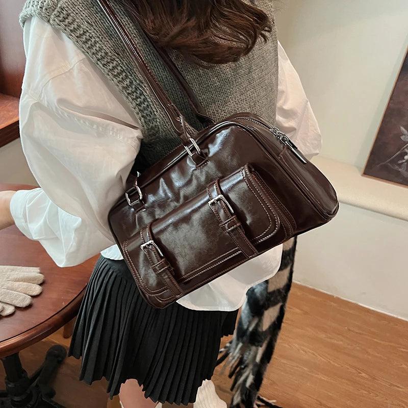 Small Retro Leather Tote Bags Women Zipper Outer Belt Flap Big Pocket Shoulder Bags