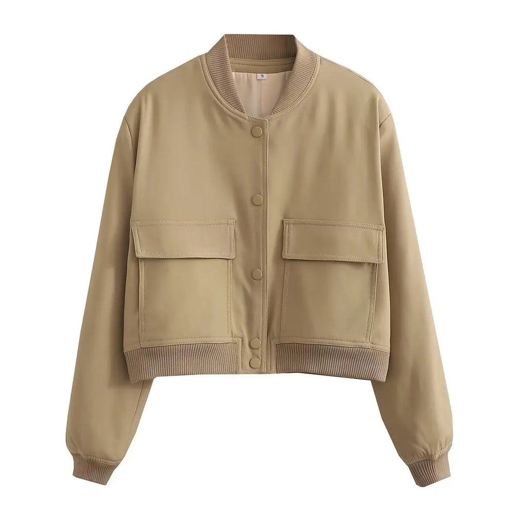 Women Fashion Solid Bomber Jackets Coat With Pockets V-Neck Single Breasted Long Sleeves