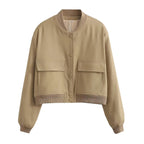 Women Fashion Solid Bomber Jackets Coat With Pockets V-Neck Single Breasted Long Sleeves