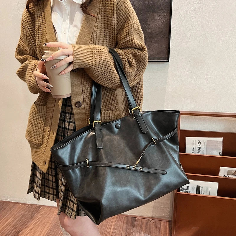 Extra Large Tote Handbags Women Soft Pu Leather Snap Belt Lock Shoulder Bag