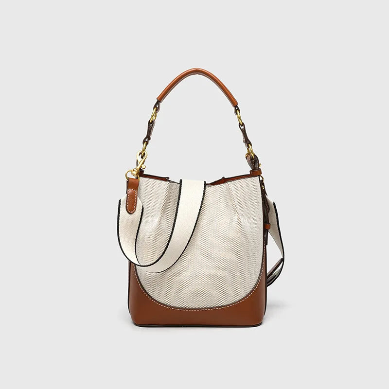 Women's Canvas & PU Leather Bucket Bag with Wide Crossbody Strap