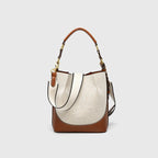Women's Canvas & PU Leather Bucket Bag with Wide Crossbody Strap