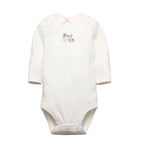Cream long sleeve bodysuit with pink polka dots, embroidered grey bunny, pink flower, and white snaps