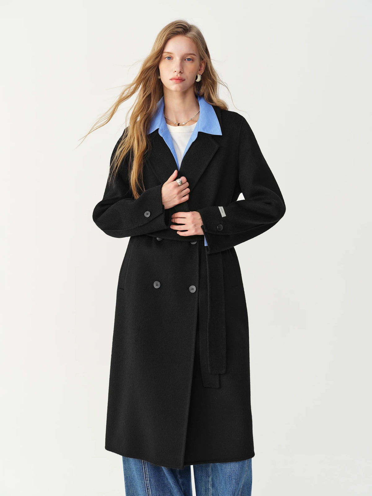 Women's 100% Wool Double-Breasted Overcoat – Turn-Down Lapel, Mid-Long, Wide Waist