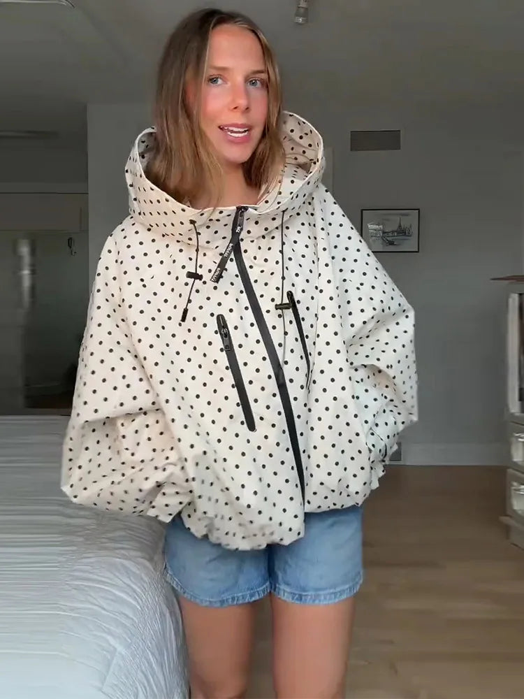 Polka Dot Hooded Women's Jacket Chic Turtleneck Zipper Long Sleeve Pockets Thin Coat 2026 Autumn Outerwear