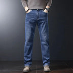 Men's Soft Stretch Straight Jeans Business Casual Slim Fit Wash Denim Pants Korean Fashion Blue Gray Male Brand Trousers