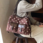Women's Tote Bag Vintage Dot-Pattern Faux PU Leather Zipper Shoulder Bag with Phone Pocket