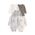 Neutral grey and cream elephant-themed set of five long-sleeve baby bodysuits with faint sketches, taupe outline, grey-white
