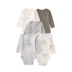 Neutral grey and cream elephant-themed set of five long-sleeve baby bodysuits with faint sketches, taupe outline, grey-white