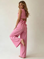 2026 Women Casual Set Elegant Back Tie Sleeveless Peplum Top + Wide Leg Pants 2 Pieces