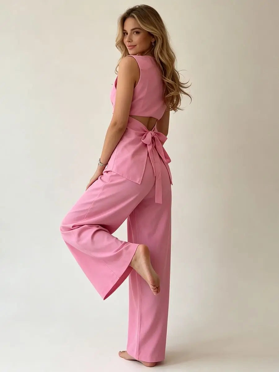 2026 Women Casual Set Elegant Back Tie Sleeveless Peplum Top + Wide Leg Pants 2 Pieces