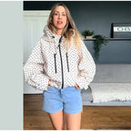 Polka Dot Hooded Women's Jacket Chic Turtleneck Zipper Long Sleeve Pockets Thin Coat 2026 Autumn Outerwear