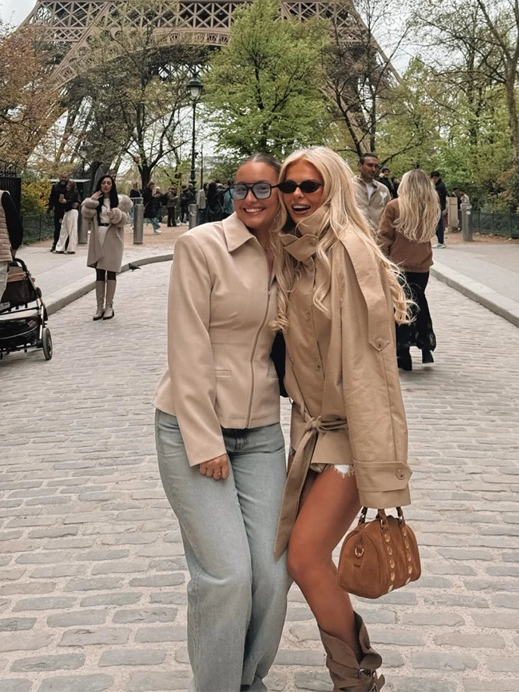 Khaki Belted Short Trench Coat for Women