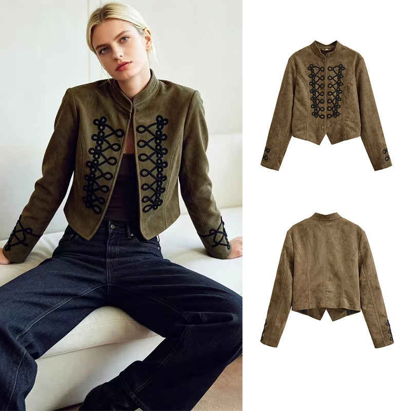 Women's Retro Military Cropped Jacket – Elegant Slim Fit