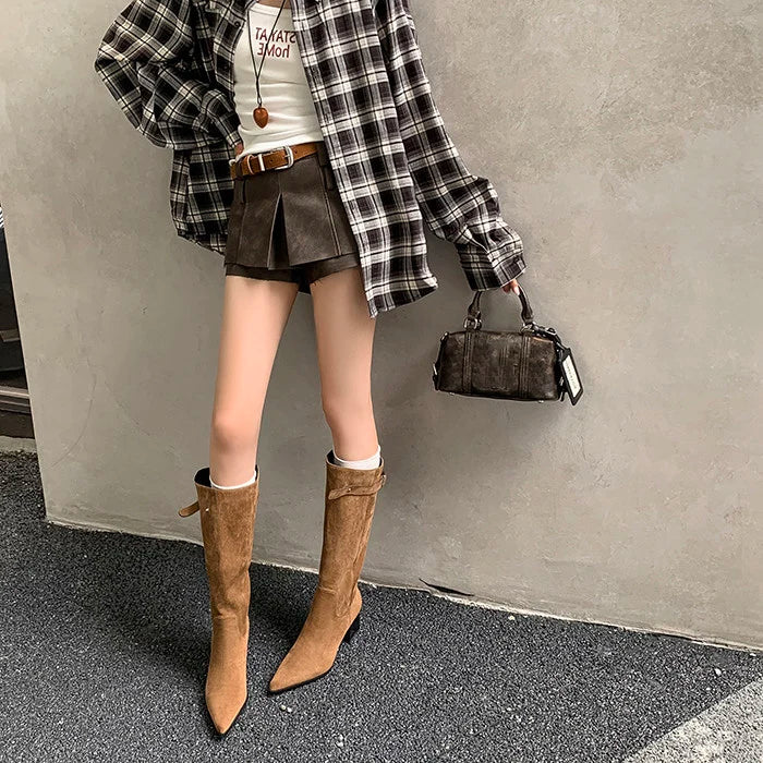 Women's Faux Suede Knee-High Boots with Buckle Detail