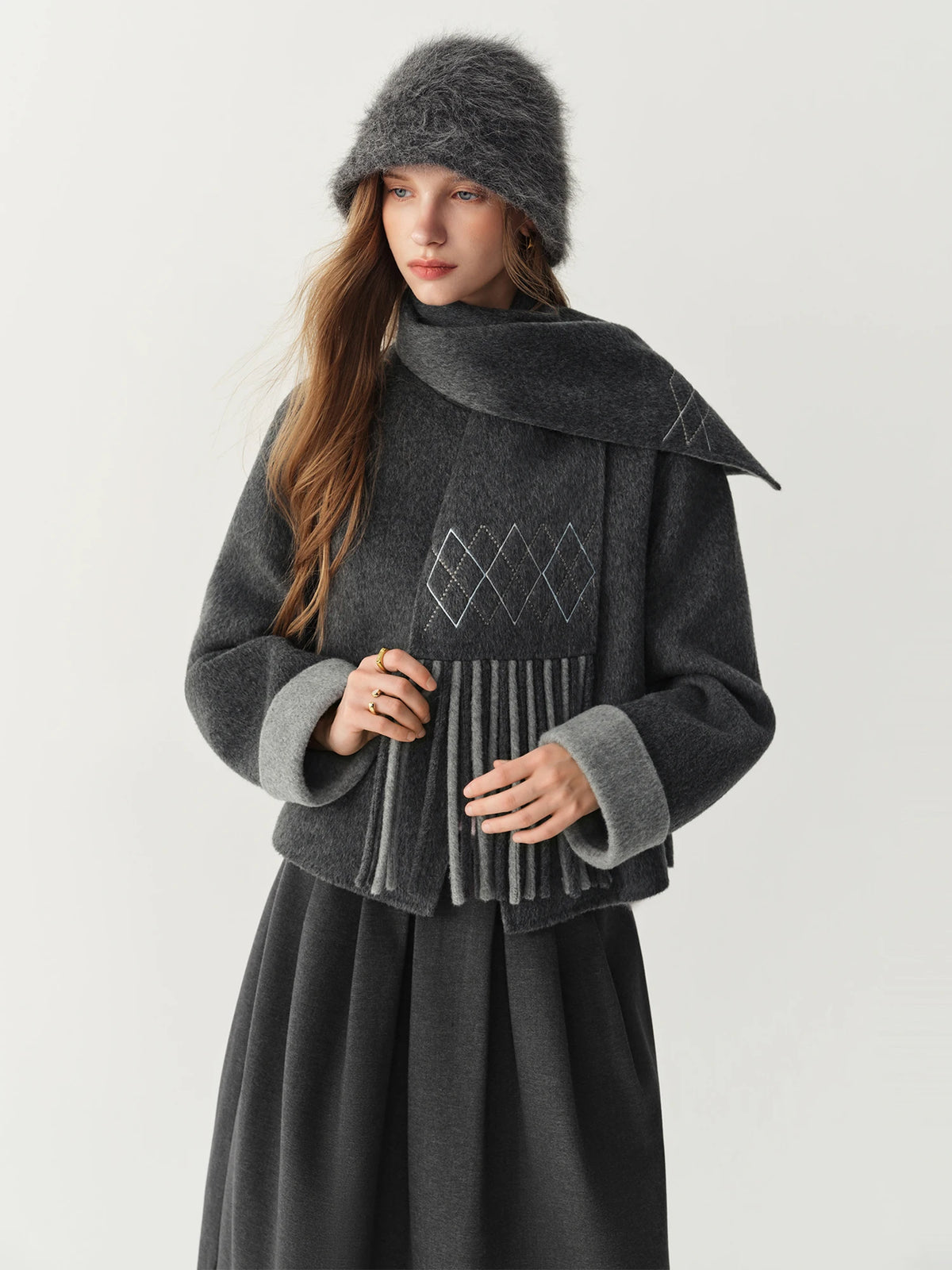 Women's 100% Wool Double-Faced Short Coat – Round Neck, Fringe Scarf, Wide Waist