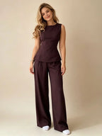2026 Women Casual Set Elegant Back Tie Sleeveless Peplum Top + Wide Leg Pants 2 Pieces