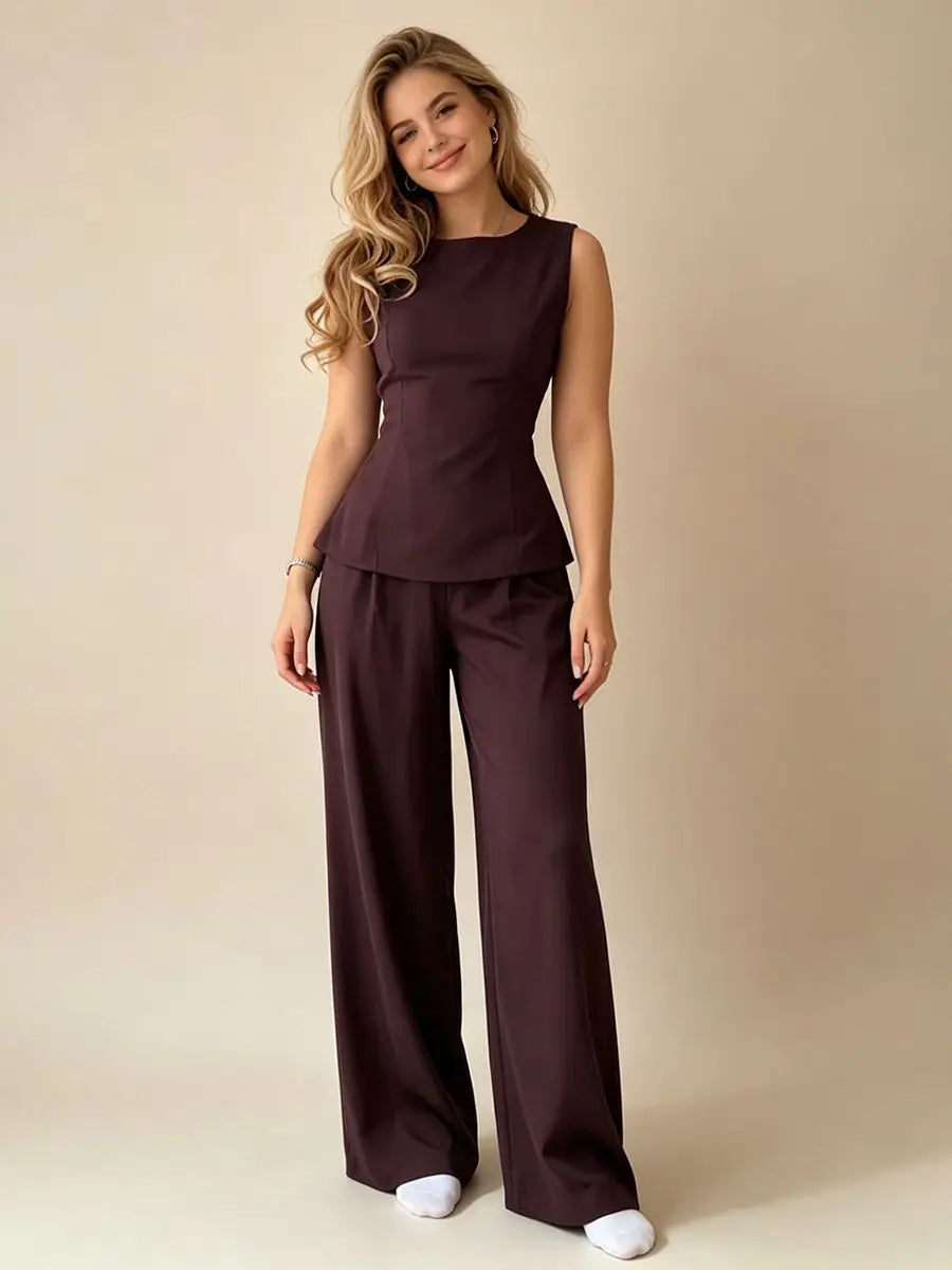 2026 Women Casual Set Elegant Back Tie Sleeveless Peplum Top + Wide Leg Pants 2 Pieces