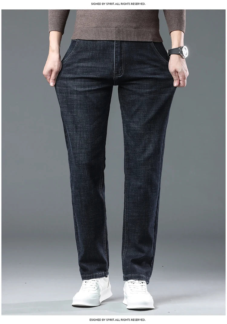 New High Quality Jeans Men's Business Casual Straight Denim Pants Stretch Fashion Classic Work Trousers Blue Black Male