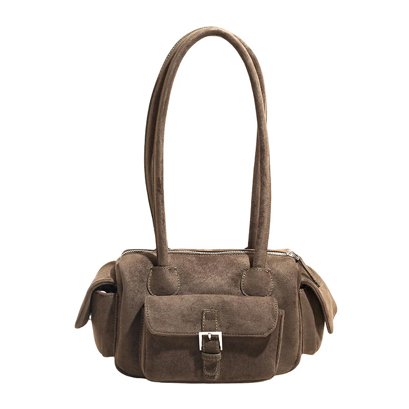 Women's Shoulder Bag Vintage Faux-Suede Baguette Zipper Underarm Bag with Phone Pocket