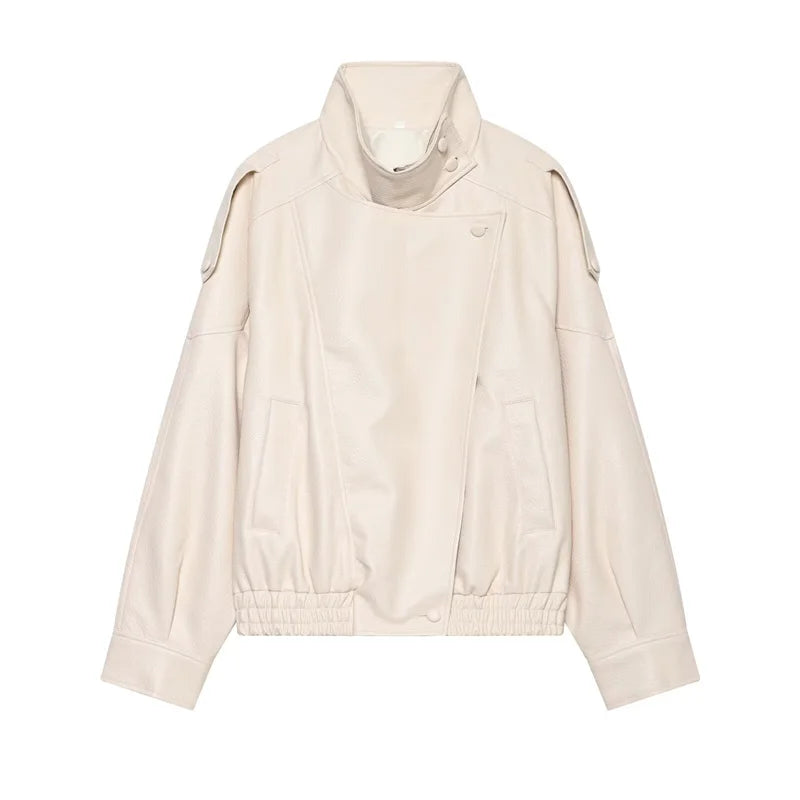 Women's Jacket Pebble Faux Leather Full-Sleeve Moto-Style Zipper Casual Coat